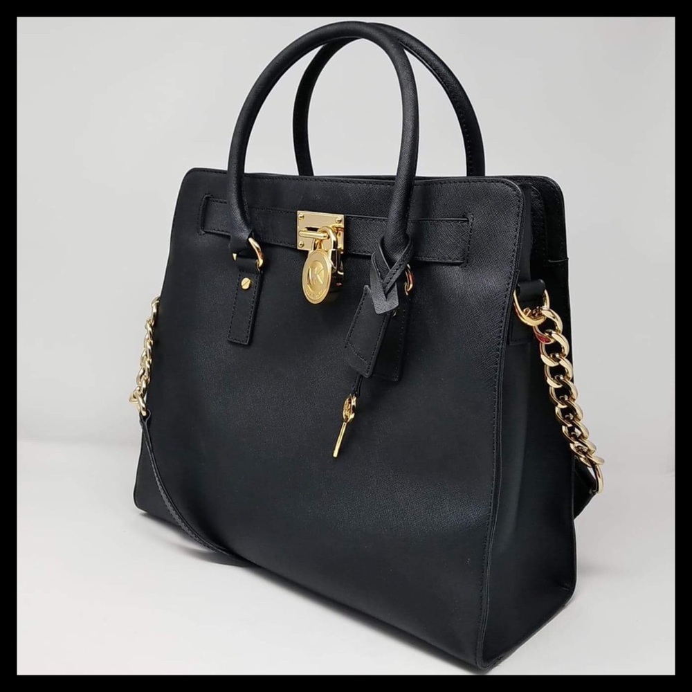Michael Kors Hamilton Large Saffiano Leather Tote Black With Gold - Picture 3 of 16